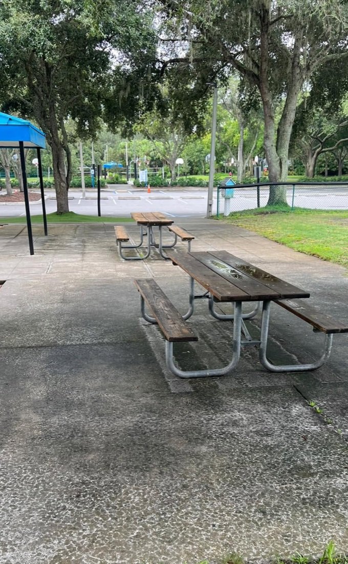 Dirty concrete patio with picnic tables before cleaning